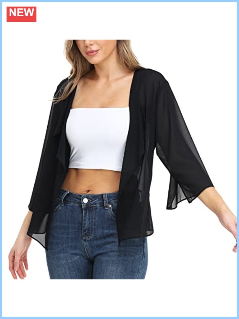 Sheer Chiffon Bolero Shrug Open Front Kimono Cover Up 3/4 Sleeve Cardigan
